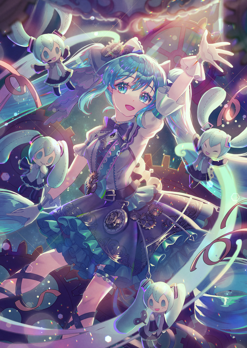 1girl aqua_eyes arm_up bangs black_skirt blurry blurry_background bow character_doll commentary_request feet_out_of_frame frilled_skirt frills gears gloves glowing green_background hair_bow hair_ornament hand_up hatsune_miku highres light_particles long_hair looking_to_the_side open_mouth outstretched_arm print_skirt puffy_short_sleeves puffy_sleeves raymond_busujima shirt short_sleeves sidelocks skirt smile standing stuffed_animal stuffed_toy twintails vocaloid white_gloves white_shirt