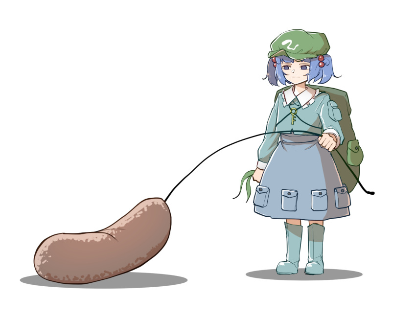 1girl backpack bag blue_eyes blue_footwear blue_hair blue_shirt blue_skirt boots closed_mouth flat_cap full_body green_headwear hair_bobbles hair_ornament hat highres kawashiro_nitori long_sleeves peroponesosu. rubber_boots shirt short_hair short_twintails simple_background skirt solo standing touhou twintails white_background