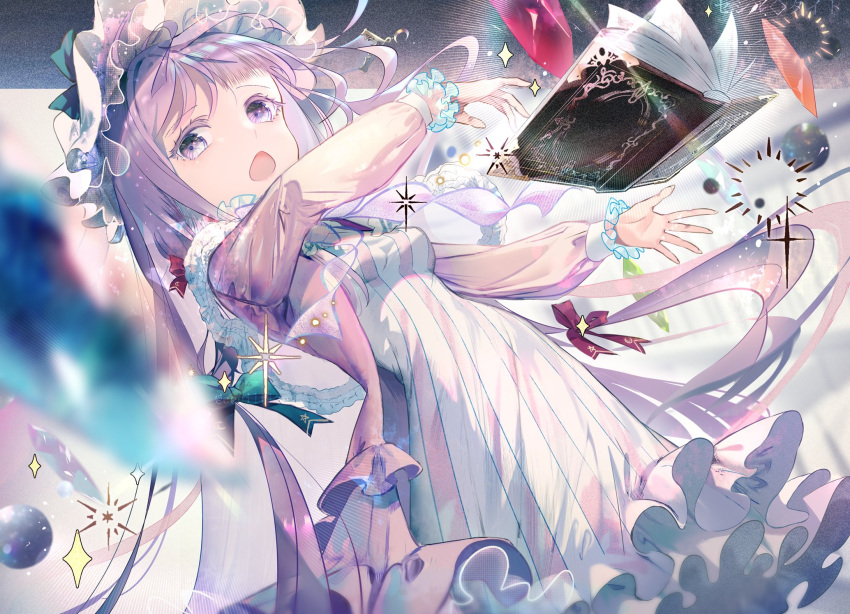 1girl bangs blue_bow book bow commentary crystal dress dutch_angle feet_out_of_frame hair_bow highres long_hair long_sleeves looking_at_viewer magic open_book open_mouth orb patchouli_knowledge purple_dress purple_hair red_bow rooseputo_02 solo sparkle striped striped_dress touhou two-tone_dress vertical-striped_dress vertical_stripes very_long_hair violet_eyes white_dress white_headwear
