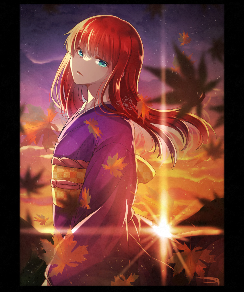 1girl absurdres autumn_leaves bangs black_border blue_eyes blurry blurry_foreground border dusk from_side head_tilt highres japanese_clothes kimono leaf long_hair long_sleeves looking_at_viewer maple_leaf no_hairband open_mouth purple_kimono redhead shimotsukishin shiny shiny_hair signature solo standing straight_hair sunset tohno_akiha tsukihime wind