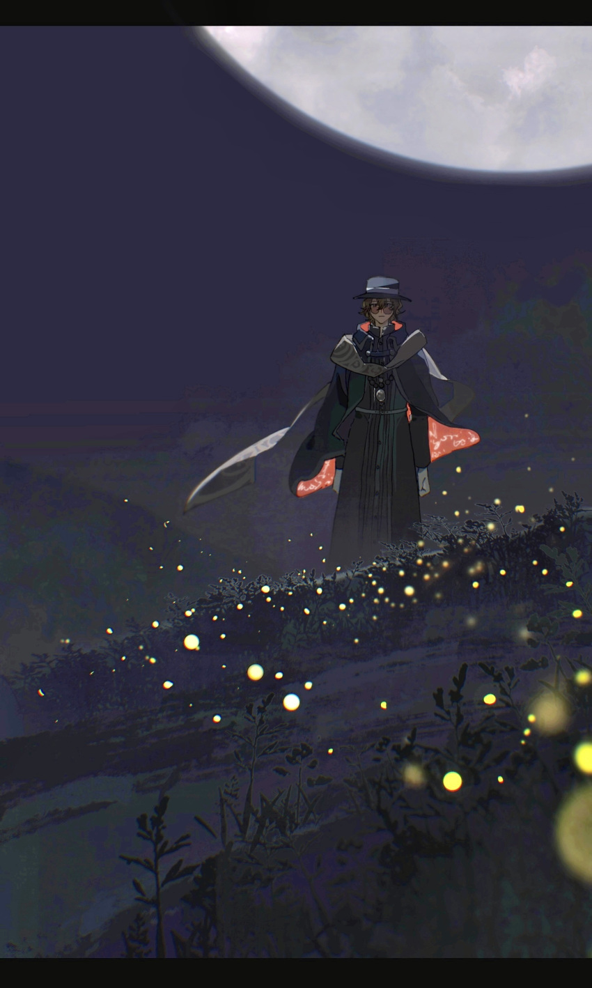 1boy absurdres anokowomitaida arms_at_sides bangs black_coat blue_headwear brown_hair clear_sky cloak coat faust_lavinia field fireflies full_moon glasses hat highres letterboxed long_sleeves looking_at_viewer mahoutsukai_no_yakusoku male_focus moon nature night night_sky outdoors scarf short_hair sky solo standing two-sided_cloak two-sided_fabric wavy_hair white_scarf