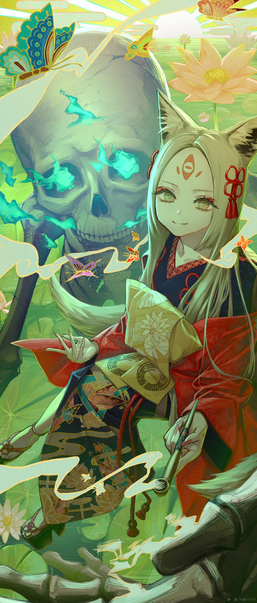 1girl absurdres animal_ear_fluff animal_ears blonde_hair blue_fire bug butterfly closed_mouth crossed_legs facial_mark fire flame floating floral_print flower forehead_mark fox_ears fox_girl fox_tail highres japanese_clothes kimono lily_pad long_hair looking_at_viewer matsu_bokkuri obi original red_kimono sash sitting skeleton smile tail wide_sleeves yellow_eyes