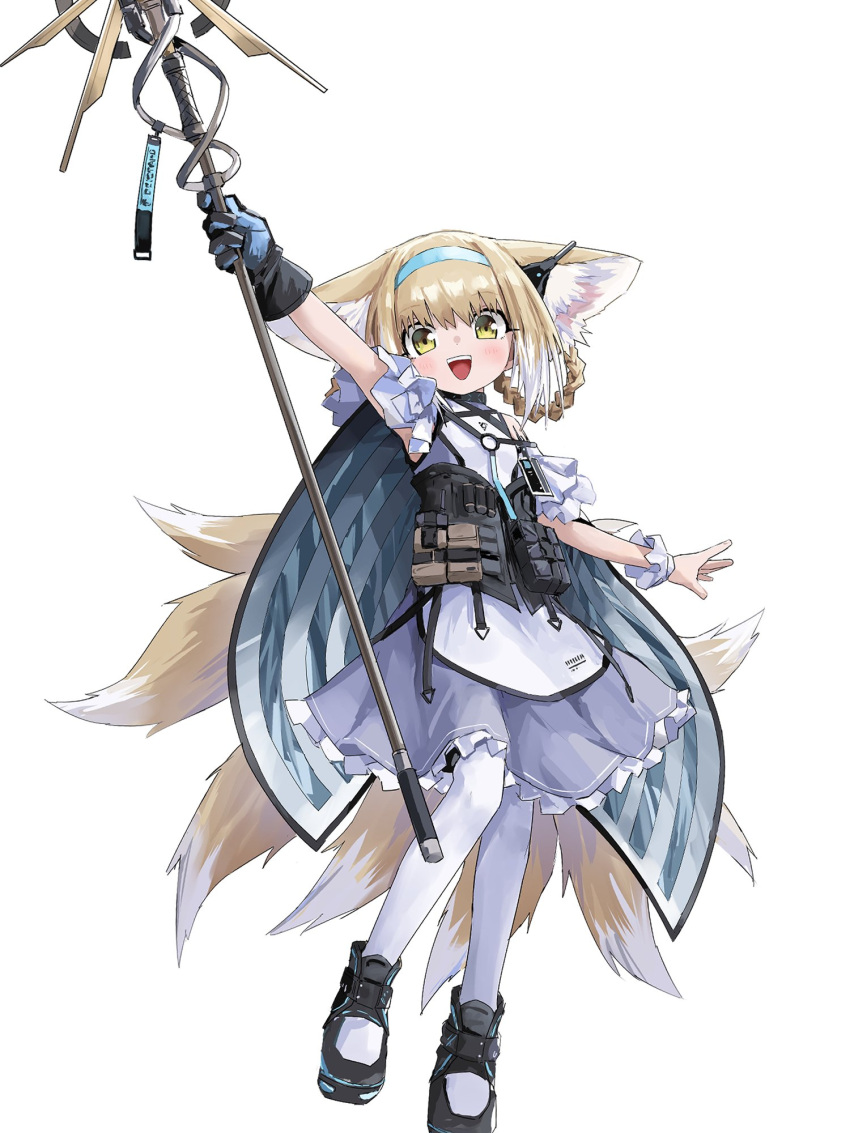 1girl animal_ear_fluff animal_ears arknights arm_up bangs black_footwear black_gloves blonde_hair blue_dress blue_hairband commentary dress earpiece fox_ears fox_girl fox_tail frilled_dress frills gloves green_eyes hair_rings hairband highres holding holding_staff looking_at_viewer multiple_tails open_mouth pantyhose shoes short_hair simple_background single_glove single_wrist_cuff smile solo staff suzuran_(arknights) tail two-tone_gloves white_background white_pantyhose wrist_cuffs yachima_tana