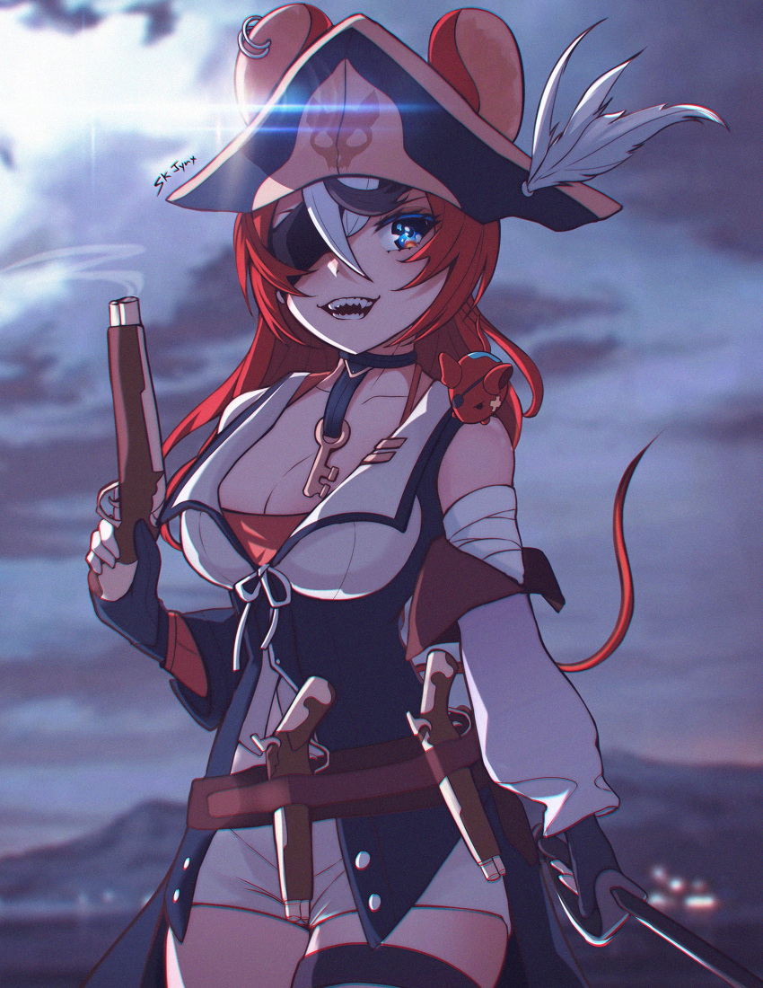 1girl animal_ears black_hair blue_eyes clouds eyepatch gun hair_ornament hakos_baelz handgun hat highres hololive hololive_english long_hair mouse_ears mouse_girl multicolored_hair pirate pirate_hat redhead sk_jynx skirt streaked_hair sword tail thigh-highs twintails virtual_youtuber weapon white_hair