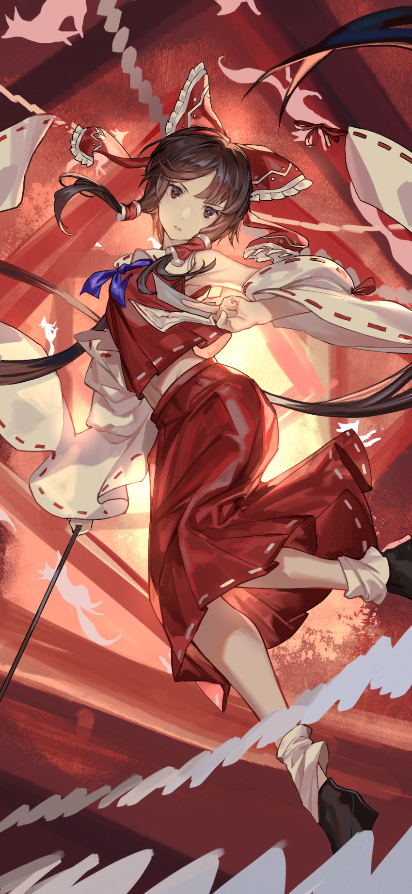 1girl absurdly_long_hair absurdres black_footwear blue_neckerchief bow bright_pupils brown_eyes detached_sleeves floating_hair fox frilled_bow frills full_body gohei hair_bow hair_tubes hakurei_reimu head_tilt highres holding holding_gohei long_hair looking_at_viewer midriff_peek neckerchief ofuda parted_lips ponytail red_bow red_pupils red_skirt ribbon-trimmed_skirt ribbon-trimmed_sleeves ribbon-trimmed_vest ribbon_trim shoes sidelocks skirt socks solo touhou v-shaped_eyebrows very_long_hair wb_yimo white_sleeves white_socks wide_sleeves