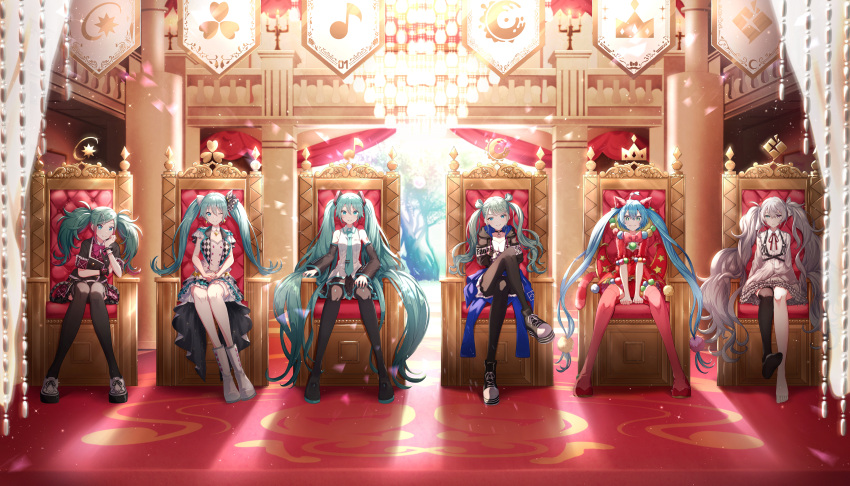 25-ji_miku 6+girls absurdres aqua_eyes aqua_hair backlighting black_thighhighs blue_hair commentary courtroom day hatsune_miku highres indoors itogari long_hair looking_at_viewer multiple_girls multiple_persona official_alternate_costume project_sekai short_sleeves sitting straight-on tapestry thigh-highs throne twintails very_long_hair vocaloid