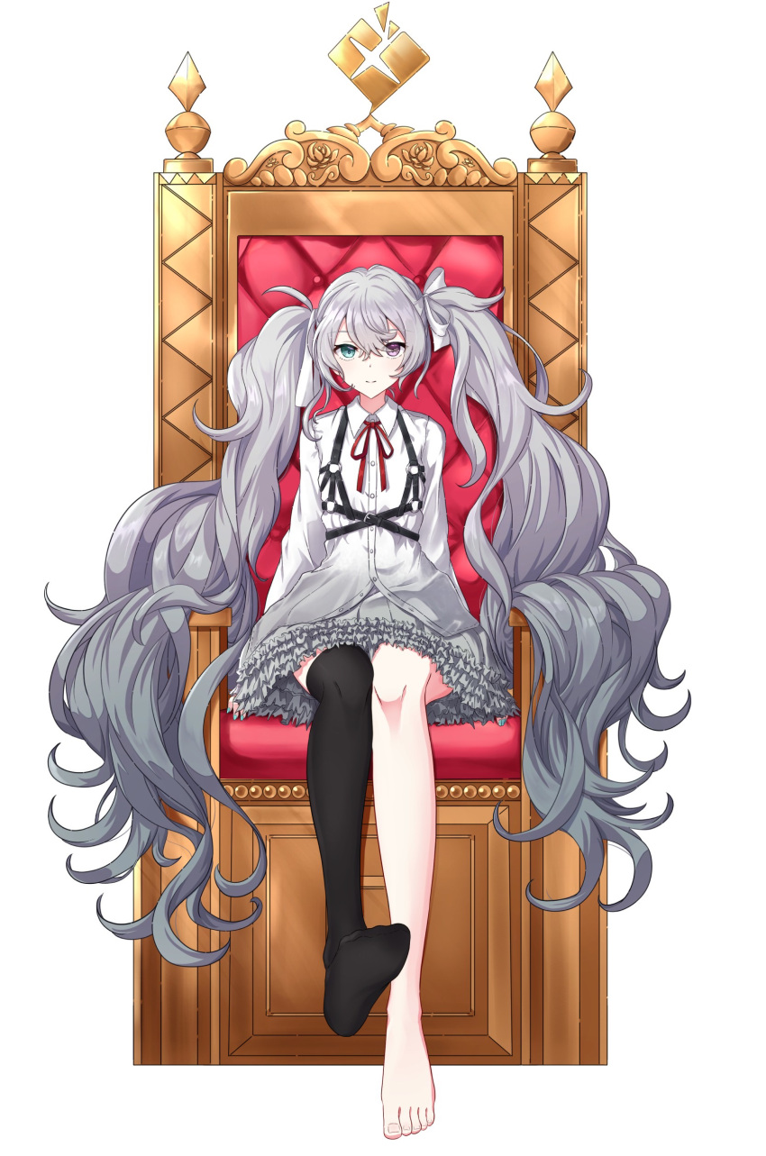 1girl 25-ji_miku absurdres aqua_eyes black_thighhighs chest_harness collared_shirt commentary foot_up full_body grey_hair grey_skirt hair_between_eyes hair_ribbon harness hatsune_miku heterochromia highres itogari light_smile long_hair long_sleeves looking_at_viewer miniskirt neck_ribbon no_shoes official_alternate_costume official_alternate_hair_color pink_eyes project_sekai red_ribbon ribbon shirt simple_background single_thighhigh sitting skirt solo straight-on thigh-highs throne twintails very_long_hair vocaloid wavy_hair white_background white_ribbon white_shirt