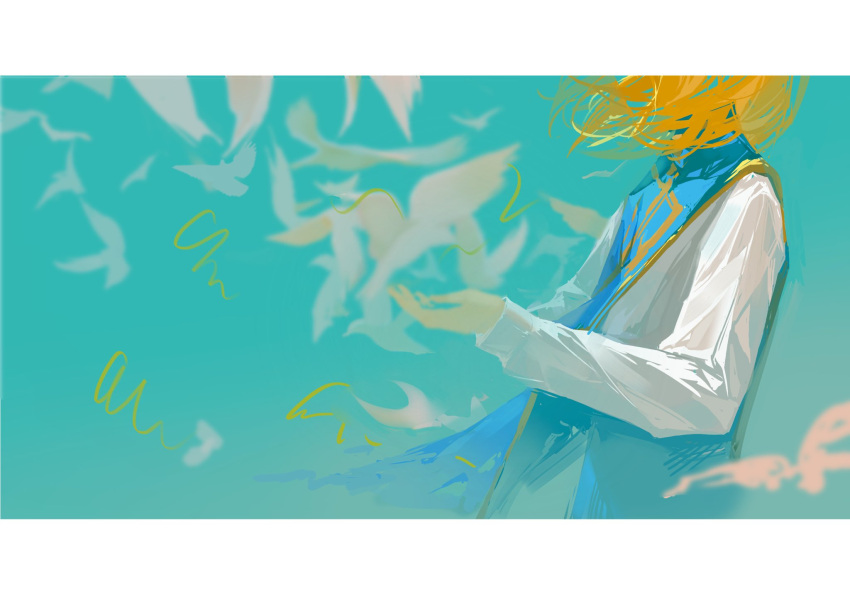 1boy bad_id bad_twitter_id bird blonde_hair blue_sky border feitian5575 from_side hands_up head_out_of_frame highres hunter_x_hunter kurapika long_sleeves open_hands simple_background sky solo upper_body white_border wind