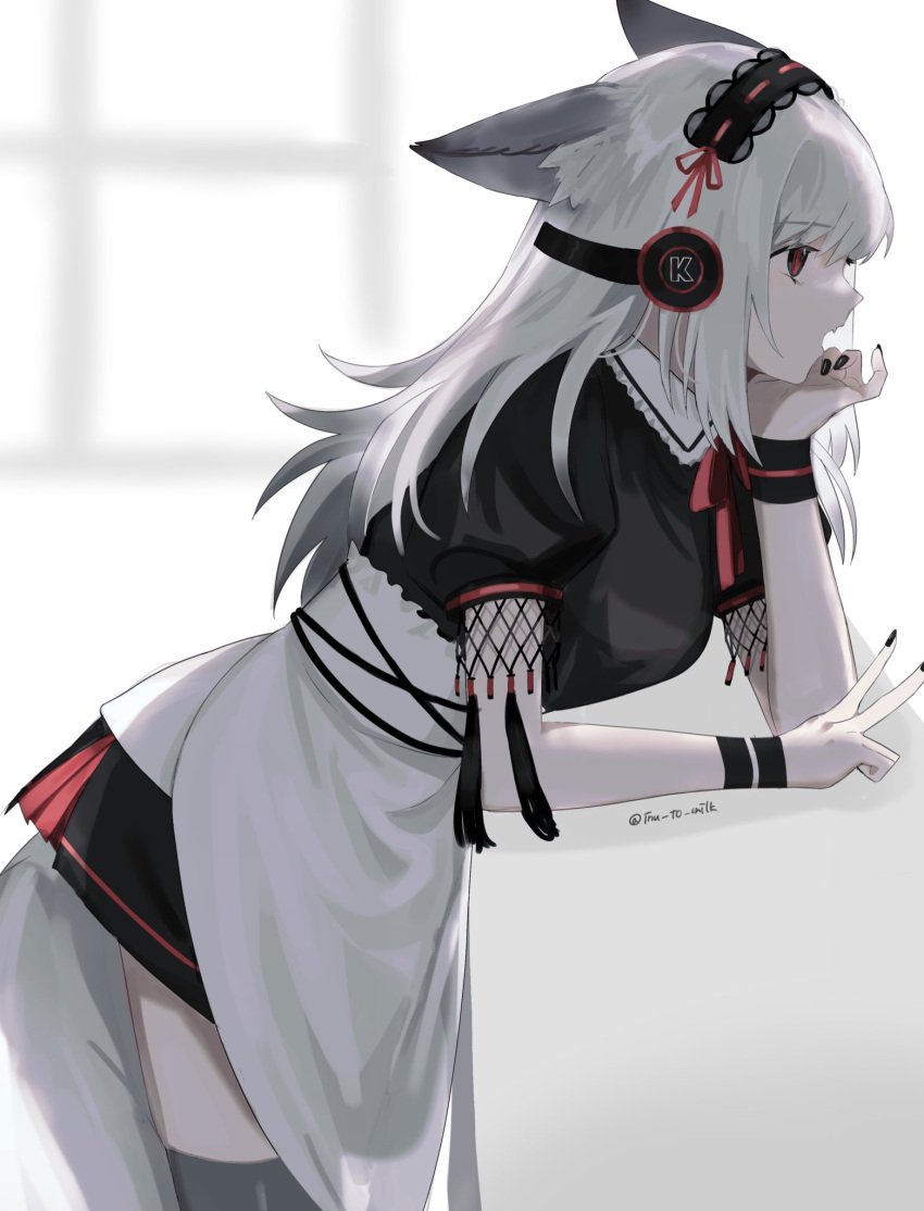 alternate_costume animal_ears apron arknights black_hairband black_nails black_shirt black_skirt breasts cowboy_shot enmaided fang fox_ears fox_girl fox_tail from_side frostleaf_(arknights) grey_hair hairband head_rest headphones highres implied_extra_ears inu_to_milk leaning_forward long_hair maid maid_apron open_mouth profile red_eyes red_ribbon ribbon shirt short_sleeves skirt small_breasts tail twitter_username v white_apron window