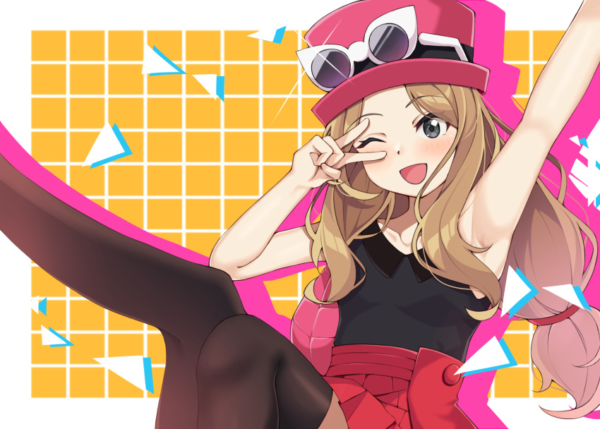 1girl ;d arm_up armpits bare_arms black_eyes black_shirt black_thighhighs blush breasts brown_hair eyewear_on_headwear hat highres leg_up long_hair looking_at_viewer miniskirt one_eye_closed open_mouth pleated_skirt pokemon pokemon_(game) pokemon_xy ray_(rays_26) red_headwear red_skirt serena_(pokemon) shirt skirt sleeveless sleeveless_shirt small_breasts smile solo sunglasses thigh-highs v_over_eye very_long_hair white-framed_eyewear zettai_ryouiki