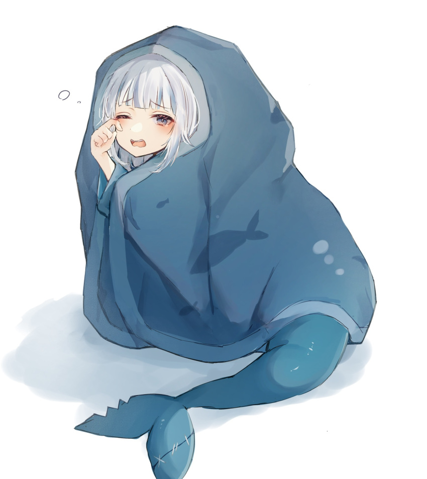 1girl blanket blue_eyes blue_hair fish_tail gawr_gura grey_hair highres hololive hololive_english koumimi multicolored_hair shark_girl shark_tail sharp_teeth sleep_bubble sleepy streaked_hair tail teeth under_covers virtual_youtuber waking_up