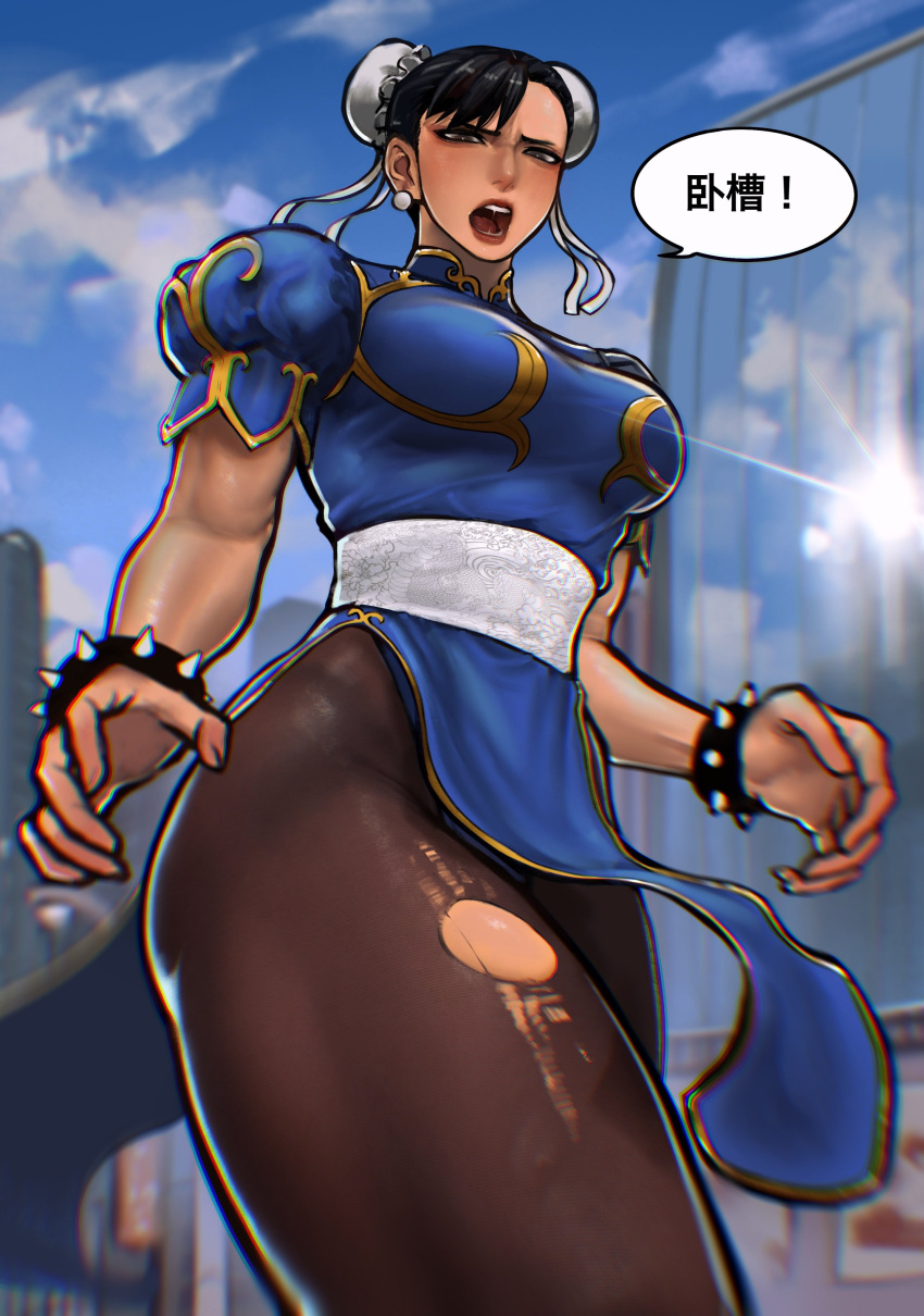 1girl absurdres ayaki_d bangs black_pantyhose blue_sky bracelet breasts brown_hair building chinese_clothes chinese_text chun-li clouds double_bun dragon_print earrings hair_bun highres hip_bones jewelry medium_breasts pantyhose pelvic_curtain profanity puffy_short_sleeves puffy_sleeves reflection short_sleeves sky skyscraper solo speech_bubble spiked_bracelet spikes street_fighter swept_bangs taut_clothes torn_clothes torn_legwear