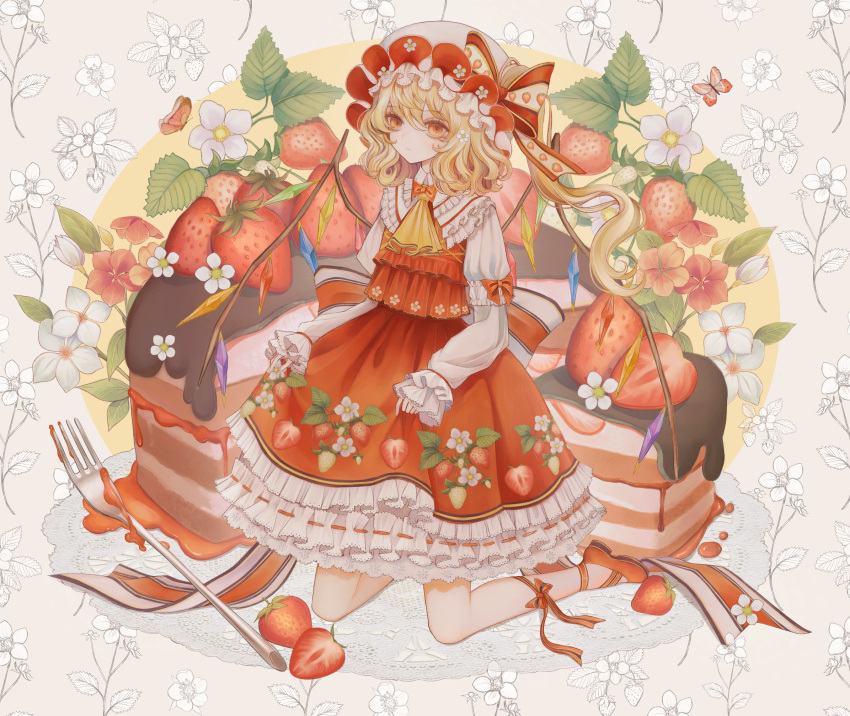 1girl animal ascot blonde_hair bug butterfly cake closed_mouth collared_shirt crystal flandre_scarlet flower food fork fruit hair_between_eyes hat highres hourai_kiriri long_hair long_sleeves mob_cap red_eyes red_skirt red_vest shirt side_ponytail skirt solo strawberry touhou vest white_flower white_headwear white_shirt wings yellow_ascot
