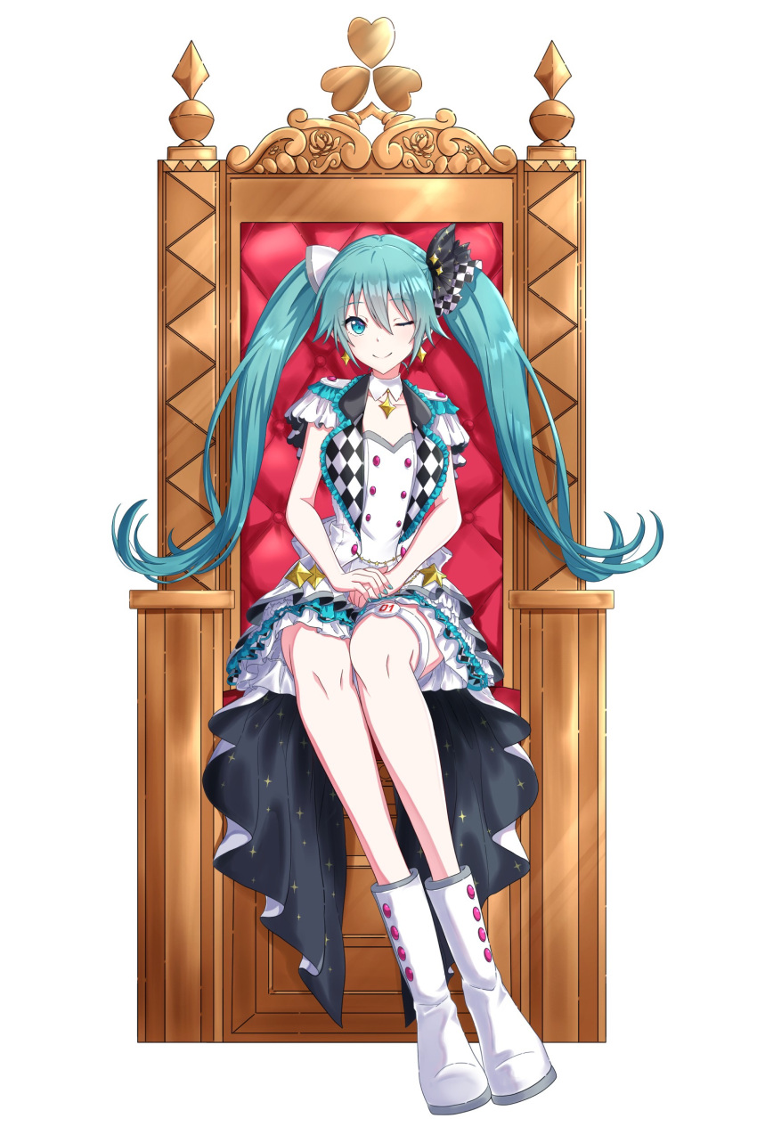 1girl absurdres aqua_eyes aqua_hair boots buttons checkered_clothes closed_mouth commentary double-breasted dress full_body hands_on_lap hatsune_miku highres itogari long_hair looking_at_viewer official_alternate_costume one_eye_closed project_sekai short_sleeves showgirl_skirt simple_background sitting smile solo split_mouth straight-on throne twintails vocaloid white_background white_dress white_footwear