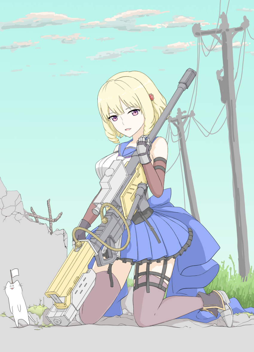 1girl absurdres animal ankle_boots aqua_sky arm_strap armored_boots assault_lily bare_shoulders black_shirt blonde_hair blue_sailor_collar blue_skirt boots breasts brown_thighhighs cat clouds commentary day detached_sleeves drill_hair flag frilled_skirt frills full_body garter_straps gauntlets gem grass grey_footwear gun hair_ornament hand_up highres holding holding_gun holding_weapon imamura_yukari_(assault_lily) kneeling looking_at_viewer medium_breasts miniskirt neckerchief odaiba_girls_high_school_uniform on_ground outdoors parted_lips pleated_skirt power_lines purple_neckerchief red_gemstone rifle rubble sailor_collar school_uniform serafuku shirt short_hair skirt sky sleeveless sleeveless_shirt smile sniper_rifle solo thigh-highs thigh_strap tsukimizake two-tone_shirt utility_pole violet_eyes waist_cape weapon white_flag white_shirt zettai_ryouiki