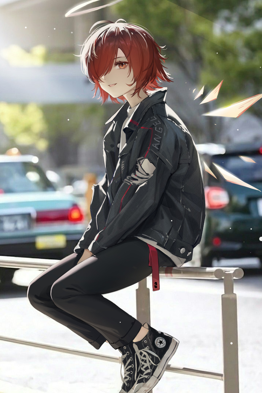 1girl absurdres arknights bilibilida black_jacket black_pants car exusiai_(arknights) from_side full_body ground_vehicle hair_over_one_eye halo highres jacket looking_at_viewer looking_to_the_side motor_vehicle outdoors pants parted_lips red_eyes redhead shoelaces shoes short_hair sitting sneakers solo tagme wings