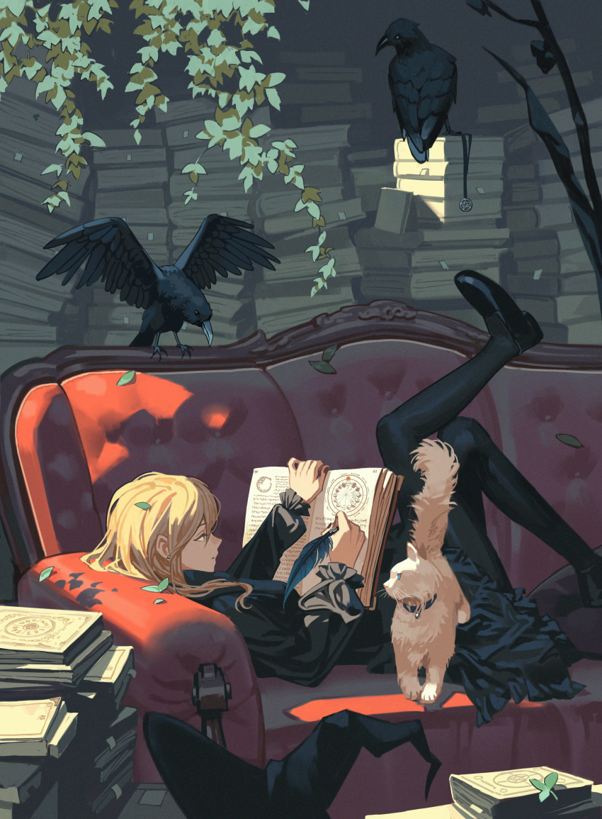 1girl absurdres bird black_bird black_dress black_footwear black_headwear black_pantyhose blonde_hair blue_eyes book book_stack cat couch crow cushion dress frilled_dress frilled_sleeves frills from_side full_body hat hat_removed headwear_removed highres holding holding_book holding_quill indoors jira kirisame_marisa leaf loafers long_sleeves lying on_back on_couch open_book pantyhose parted_lips profile quill shoes sidelighting solo touhou witch_hat