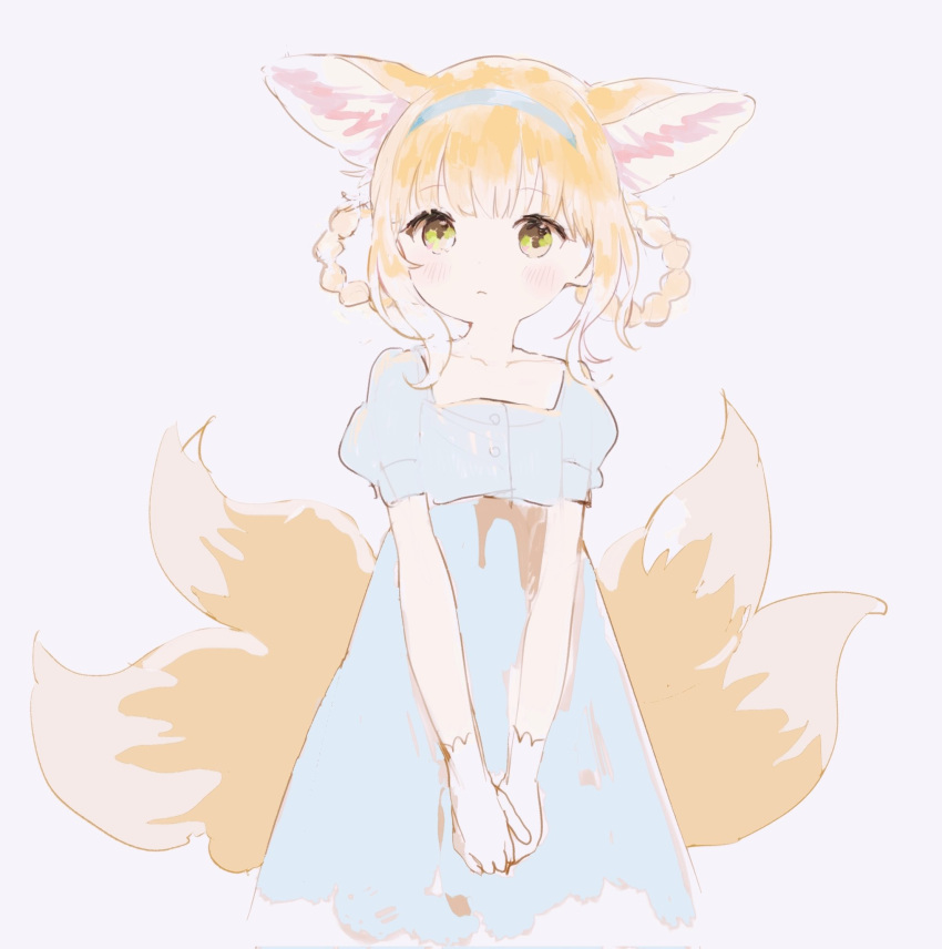 1girl animal_ear_fluff animal_ears aqua_dress arknights bangs blonde_hair blush closed_mouth dress fox_ears fox_girl fox_tail gloves green_eyes hair_rings hairband highres looking_at_viewer multicolored_hair multiple_tails nprmtp official_alternate_costume short_sleeves simple_background solo suzuran_(arknights) suzuran_(spring_praise)_(arknights) tail white_gloves white_hair