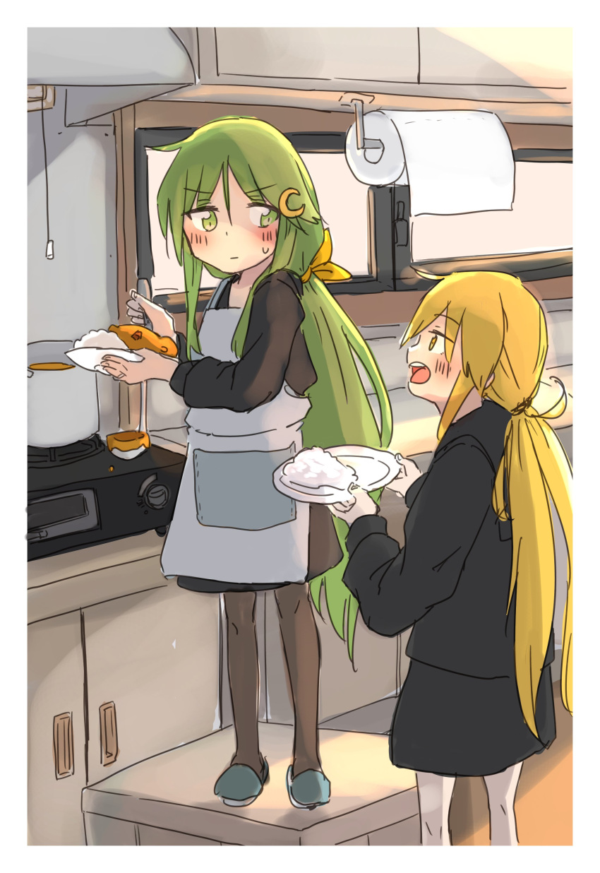 2girls absurdres apron black_pantyhose black_serafuku black_skirt blonde_hair blush crescent crescent_hair_ornament curry curry_rice food green_eyes green_hair hair_between_eyes hair_ornament highres holding holding_ladle holding_plate kantai_collection kitchen ladle long_hair multiple_girls nagatsuki_(kancolle) pantyhose plate po0000000000 rice satsuki_(kancolle) school_uniform serafuku skirt sweatdrop teeth upper_teeth white_pantyhose