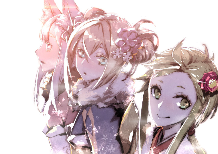 3girls 7th_dragon_(series) 7th_dragon_2020 animal_ear_fluff animal_ears blue_eyes chelsea_(7th_dragon) flower fur_trim green_eyes hacker_(7th_dragon) hair_between_eyes hair_bun hair_flower hair_ornament highres japanese_clothes kimono long_hair looking_at_viewer low_ponytail lucier_(7th_dragon) miina_(7th_dragon_2020) miwa_shirow multiple_girls new_year open_mouth parted_lips sidelocks smile upper_body white_background