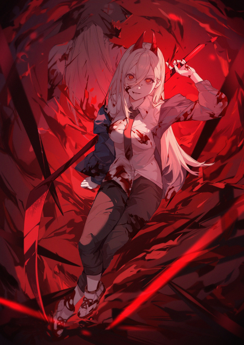 &gt;:) 1girl absurdres bangs black_necktie black_pants blonde_hair blood blood_devil_(chainsaw_man) blood_on_clothes blood_on_face blood_on_hands blue_jacket chainsaw_man collared_shirt commentary crossed_ankles crossed_bangs crosshair_pupils demon_horns dual_persona film_grain from_above full_body hair_between_eyes hand_up hemokinesis highres holding holding_scythe holding_weapon horns jacket long_bangs long_hair long_sleeves looking_at_viewer necktie off_shoulder over_shoulder pants power_(chainsaw_man) red_background red_eyes red_horns red_theme scythe sharp_teeth shirt shoes sitting smile sneakers solo teeth v-shaped_eyebrows weapon weapon_over_shoulder white_footwear white_shirt yan_ge yellow_pupils