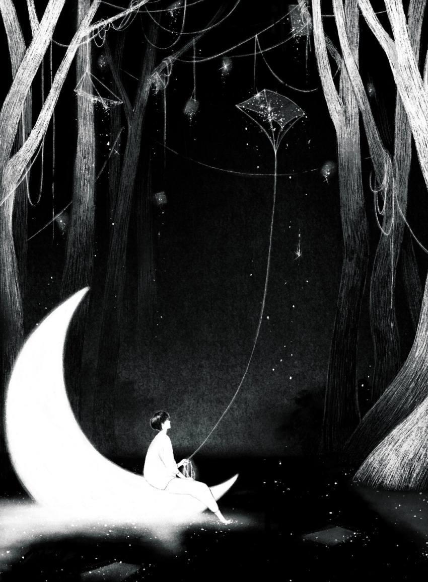 1other faceless fantasy forest from_side glowing greyscale highres kite kite_flying kite_string korean_commentary lake long_sleeves monochrome moon nature night night_sky on_crescent original outdoors pants profile sae_sae shirt short_hair sitting sky soaking_feet solo traditional_media tree water