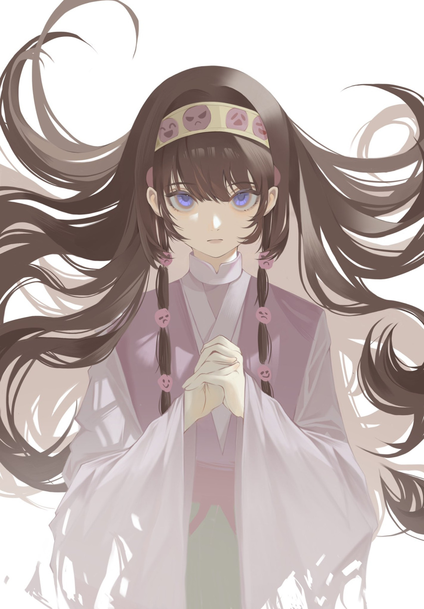 1girl alluka_zoldyck alternate_hair_color androgynous bangs blue_eyes brown_hair cropped_torso expressionless feitian5575 floating_hair hairband highres hunter_x_hunter long_hair looking_at_viewer male_focus own_hands_together palms_together simple_background solo upper_body white_background