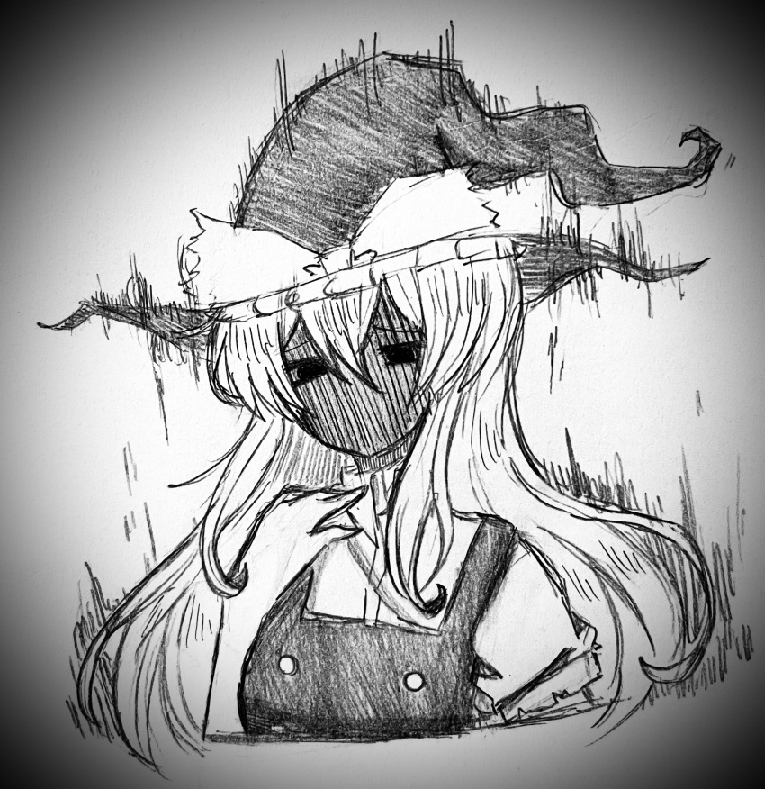 1girl bangs black_skin bow collared_shirt colored_skin commentary_request fubinna_kotori greyscale hair_between_eyes hand_up hat hat_bow highres kirisame_marisa long_hair monochrome shirt short_sleeves solo touhou touhou_igyoukyo upper_body variant_marisa vest witch_hat