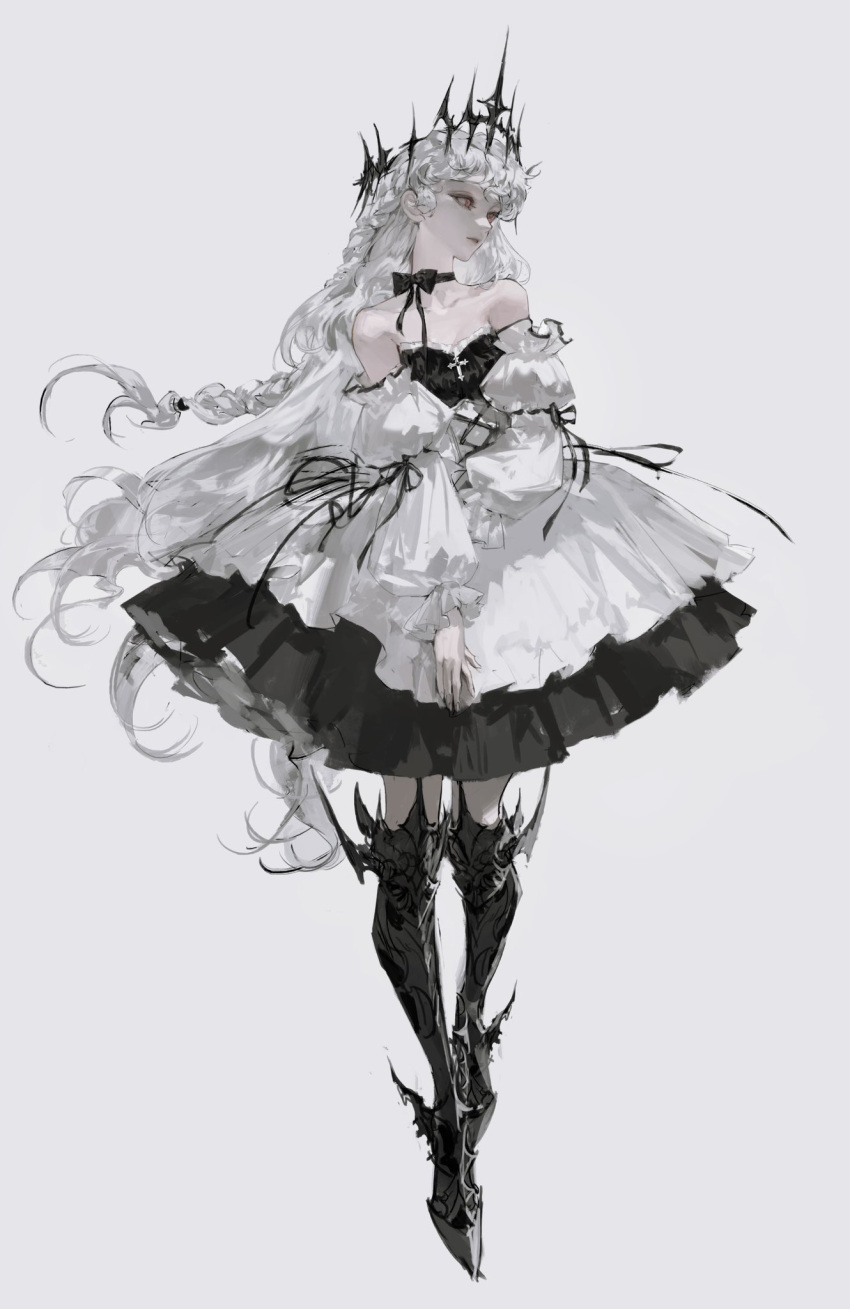 1girl albino armored_boots black_bow boots bow braid choker collarbone crown detached_sleeves full_body highres long_hair looking_to_the_side original pale_skin parted_lips puffy_sleeves red_eyes simple_background solo vlfdus_0 white_hair