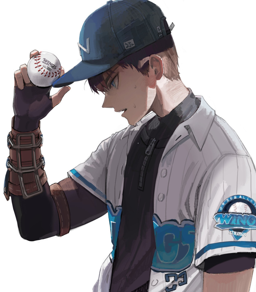 1boy baseball baseball_cap baseball_jersey baseball_uniform black_survival blue_eyes brown_hair eternal_return:_black_survival fingerless_gloves freng gloves hat highres holding open_mouth solo sportswear sweat turtleneck upper_body white_background william_(eternal_return) zipper zipper_pull_tab