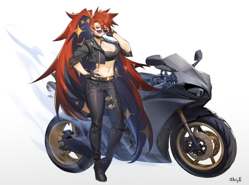 1girl adjusting_eyewear bangs belt breasts denim ground_vehicle jeans large_breasts leg_belt long_hair looking_at_viewer motor_vehicle motorcycle original pants ponytail red_eyes redhead shipl simple_background solo stomach sunglasses very_long_hair white_background