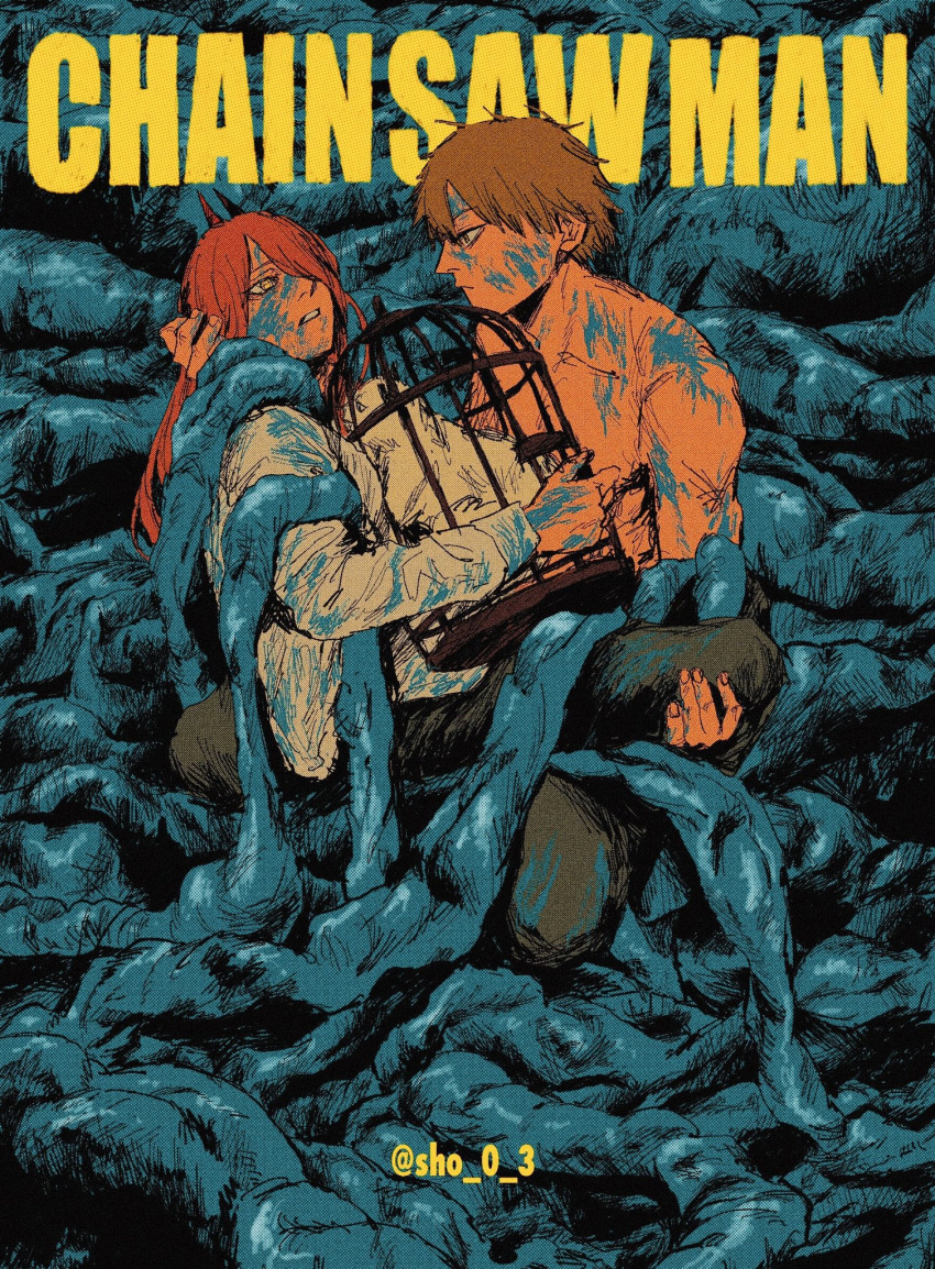 1boy 1girl blonde_hair cage carrying carrying_person cat chainsaw_man denji_(chainsaw_man) hair_over_one_eye highres holding holding_cage horns long_hair looking_at_another meowy_(chainsaw_man) organs pink_hair power_(chainsaw_man) short_hair stylized_blood topless topless_male twitter_username white_cat yukinoko_0_3