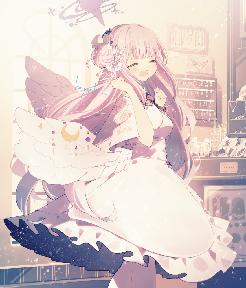angel_wings bangs blue_archive capelet closed_eyes dress feathered_wings flower frilled_dress frills hair_bun hair_flower hair_ornament halo hands_up highres jewelry kasuga_haruhi long_hair mika_(blue_archive) pink_hair scrunchie single_side_bun smile very_long_hair white_capelet white_dress white_wings wing_ornament wings wrist_scrunchie