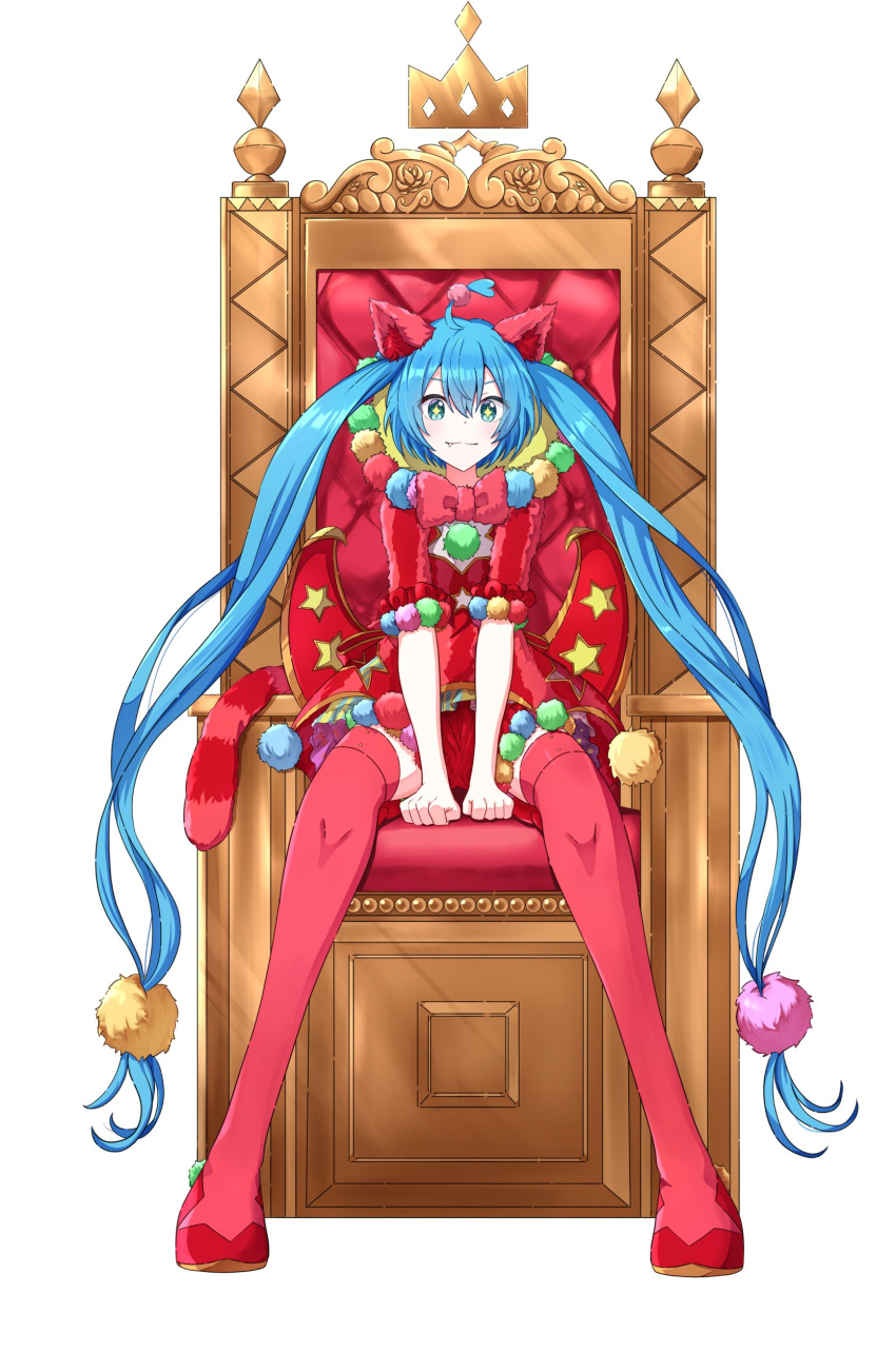 1girl absurdres ahoge animal_ears aqua_eyes bangs blue_hair bow bowtie cat_ears cat_tail clenched_hands closed_mouth commentary dress fang full_body hatsune_miku heart heart_ahoge highres itogari light_smile long_hair looking_at_viewer official_alternate_costume pom_pom_(clothes) project_sekai red_bow red_dress red_footwear red_thighhighs short_dress simple_background sitting solo star-shaped_pupils star_(symbol) straight-on striped_tail symbol-shaped_pupils tail thigh-highs throne twintails v_arms very_long_hair vocaloid white_background