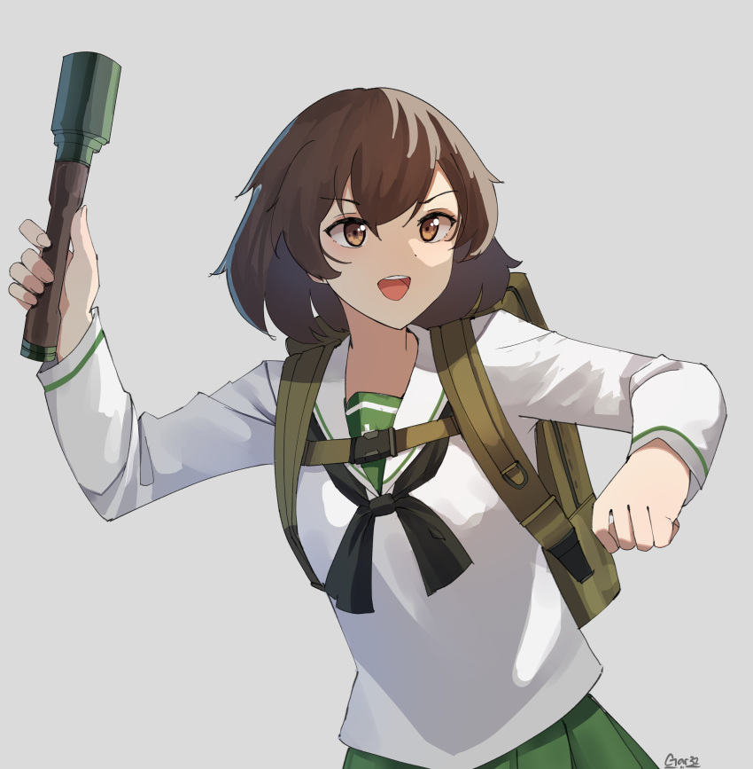 1girl absurdres akiyama_yukari artist_name backpack bag brown_eyes brown_hair excited explosive gar32 girls_und_panzer green_skirt grenade highres ooarai_school_uniform open_mouth school_uniform shirt short_hair skirt solo stielhandgranate throwing white_background white_shirt