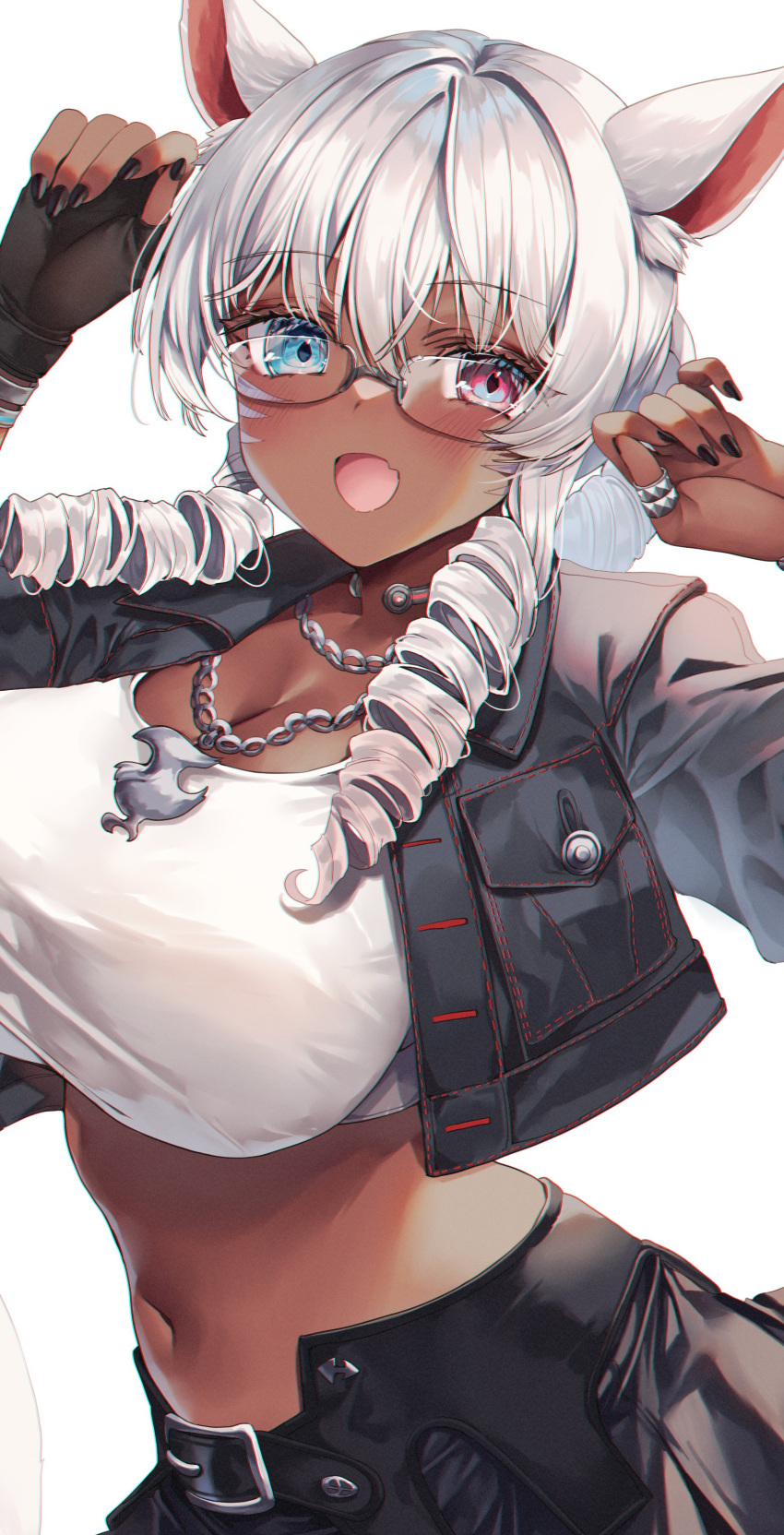 1girl absurdres animal_ears avatar_(ff14) bangs black_gloves black_nails blue_eyes blush breasts cat_ears cropped_jacket dark-skinned_female dark_skin drill_hair facial_mark final_fantasy final_fantasy_xiv fingerless_gloves gloves grey_hair heterochromia highres himegi_you jacket jewelry large_breasts long_hair looking_at_viewer midriff miqo'te navel necklace open_clothes open_jacket open_mouth red_eyes ring single_fingerless_glove skirt solo tank_top twin_drills whisker_markings