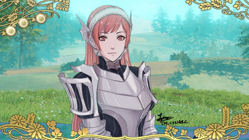 1girl armor bangs cherche_(fire_emblem) cm_lynarc day dragon_wings fire_emblem fire_emblem:_three_houses fire_emblem_awakening fire_emblem_warriors:_three_hopes flower grass hairband long_hair looking_at_viewer outdoors pink_hair red_eyes smile solo tree upper_body user_interface wings