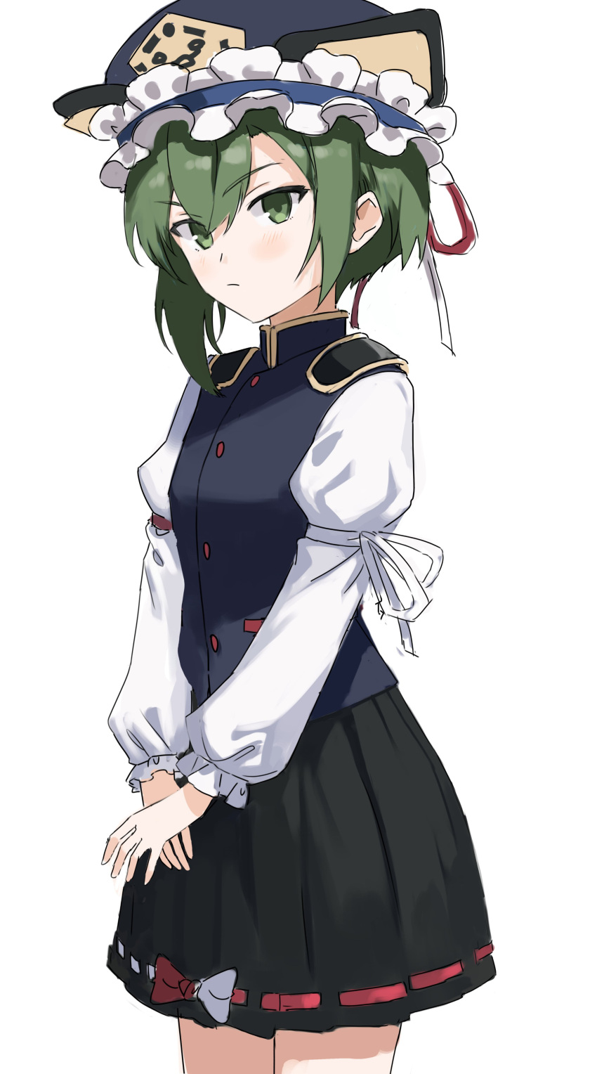 1girl absurdres asuka46 balance_scale black_headwear black_skirt closed_mouth epaulettes frilled_hat frills green_eyes green_hair hat highres long_sleeves looking_at_viewer shiki_eiki short_hair simple_background skirt solo standing touhou v_arms weighing_scale white_background