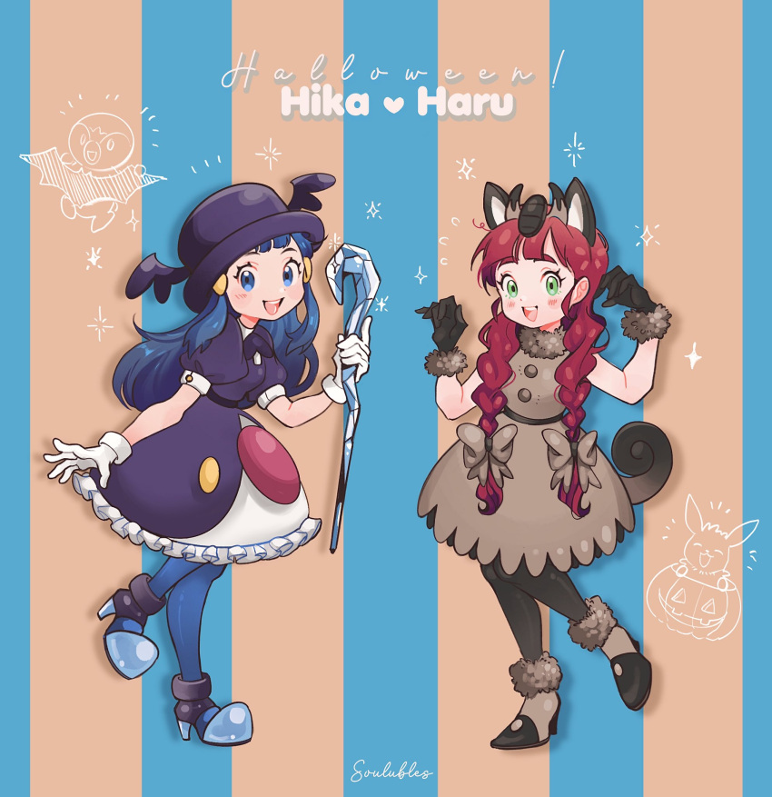 2girls :d bangs blue_eyes blue_hair blue_pantyhose blush boots braid brown_dress cane chloe_(pokemon) commentary dress eevee eyelashes frills gloves green_eyes hands_up hat high_heel_boots high_heels highres hikari_(pokemon) holding holding_cane long_hair multiple_girls open_mouth pantyhose piplup pokemon pokemon_(anime) pokemon_journeys short_sleeves signature sleeveless sleeveless_dress smile soulubles teeth twin_braids white_gloves