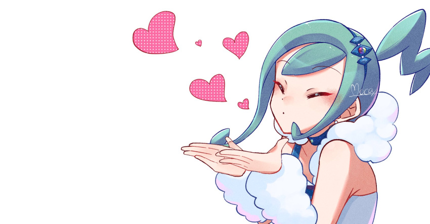 1girl arm_warmers bangs bare_shoulders blowing_kiss blush closed_eyes closed_mouth commentary_request earrings from_side green_hair hands_up heart highres jewelry lisia_(pokemon) mocacoffee_1001 pokemon pokemon_(game) pokemon_oras sidelocks signature simple_background sleeveless solo upper_body white_background