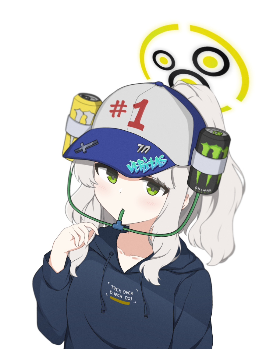 1girl absurdres baseball_cap beer_hat blue_archive blue_hoodie collarbone commentary cross drinking_straw drinking_straw_in_mouth green_eyes halo hare_(blue_archive) hat high_ponytail highres hood hoodie hrna looking_at_viewer medium_hair monster_energy ponytail simple_background solo upper_body white_background white_hair