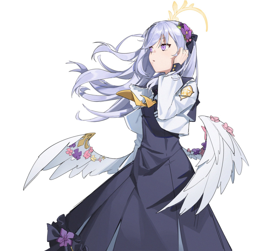 1girl adjusting_hair azusa_(blue_archive) black_dress black_ribbon blue_archive cropped_jacket dress flower frills hair_flower hair_ornament hair_ribbon halo hand_up highres jacket ken_rqll long_sleeves looking_to_the_side low_wings neckerchief parted_lips purple_hair ribbon simple_background solo violet_eyes white_background white_jacket white_wings wind wing_ornament wings yellow_neckerchief
