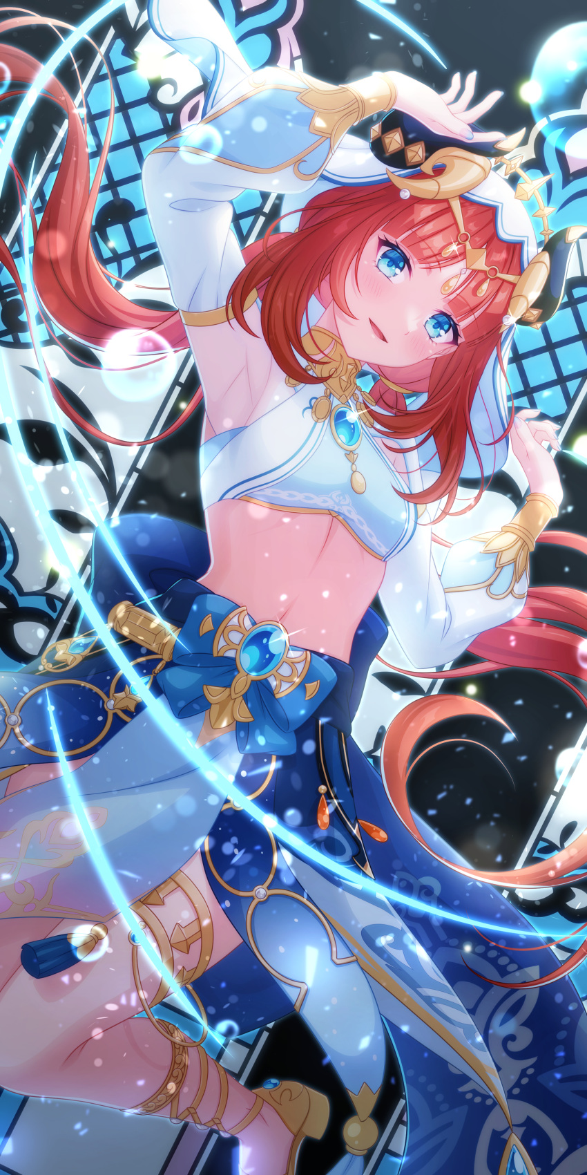 1girl absurdres armpits arms_up bare_shoulders blue_eyes breasts crop_top dancer genshin_impact highres horns long_hair medium_breasts midriff navel nilou_(genshin_impact) open_mouth pochimaru_(marumaru_wanwan) puffy_sleeves redhead skirt solo stomach veil