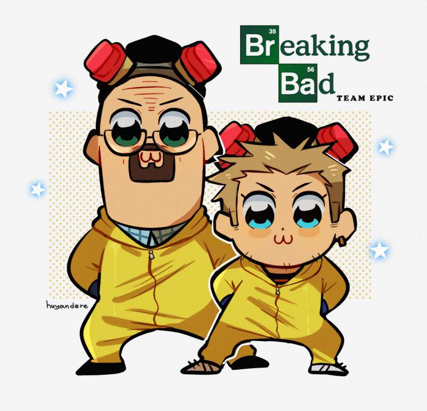 2boys :3 absurdres arms_behind_back artist_name bald beard bkub_(style) blue_eyes breaking_bad brown_hair closed_mouth copyright_name earrings facial_hair glasses goggles goggles_on_head green_eyes highres huyandere jesse_pinkman jewelry looking_at_viewer multiple_boys poptepipic short_hair single_earring walter_white zipper zipper_pull_tab