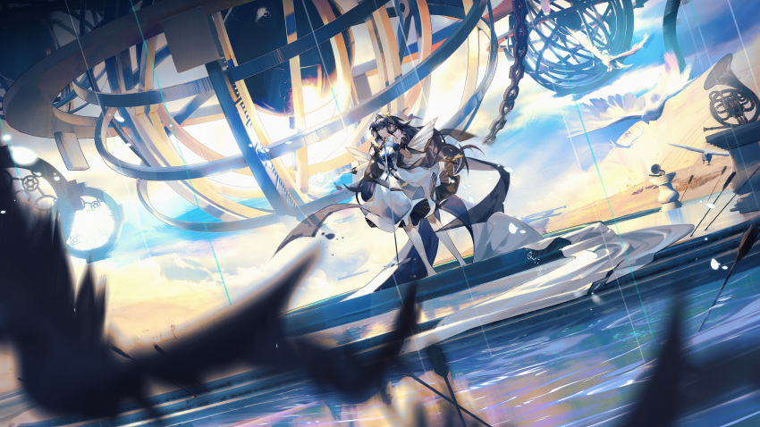 1girl absurdres arknights armillary_sphere astesia_(arknights) astesia_(frlibre_on_the_palace)_(arknights) bird blue_eyes blue_hair blurry blurry_foreground bright_pupils dark_blue_hair dress fake_wings full_body highres horn_(instrument) long_hair outdoors renyikouminhe sky solo stairs standing stone_stairs water white_dress white_pupils wide_shot wings