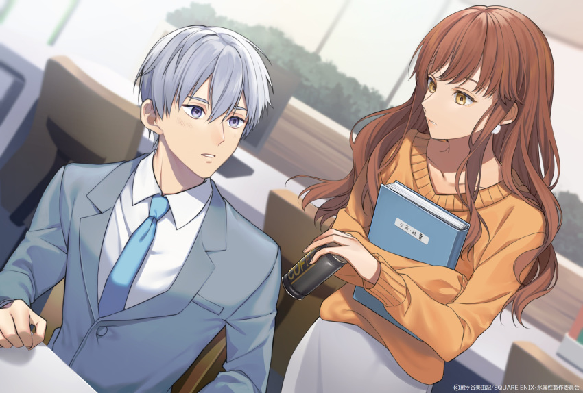 1boy 1girl bangs book brown_hair can canned_coffee chair coffee collarbone eyebrows_hidden_by_hair formal fuyutsuki_(ice_cool) grey_eyes grey_hair hair_between_eyes highres himuro holding holding_book holding_can indoors long_hair looking_at_another necktie office office_lady open_mouth short_hair sitting skirt sogawa standing suit sweater the_ice_guy_and_his_cool_female_colleague yellow_eyes