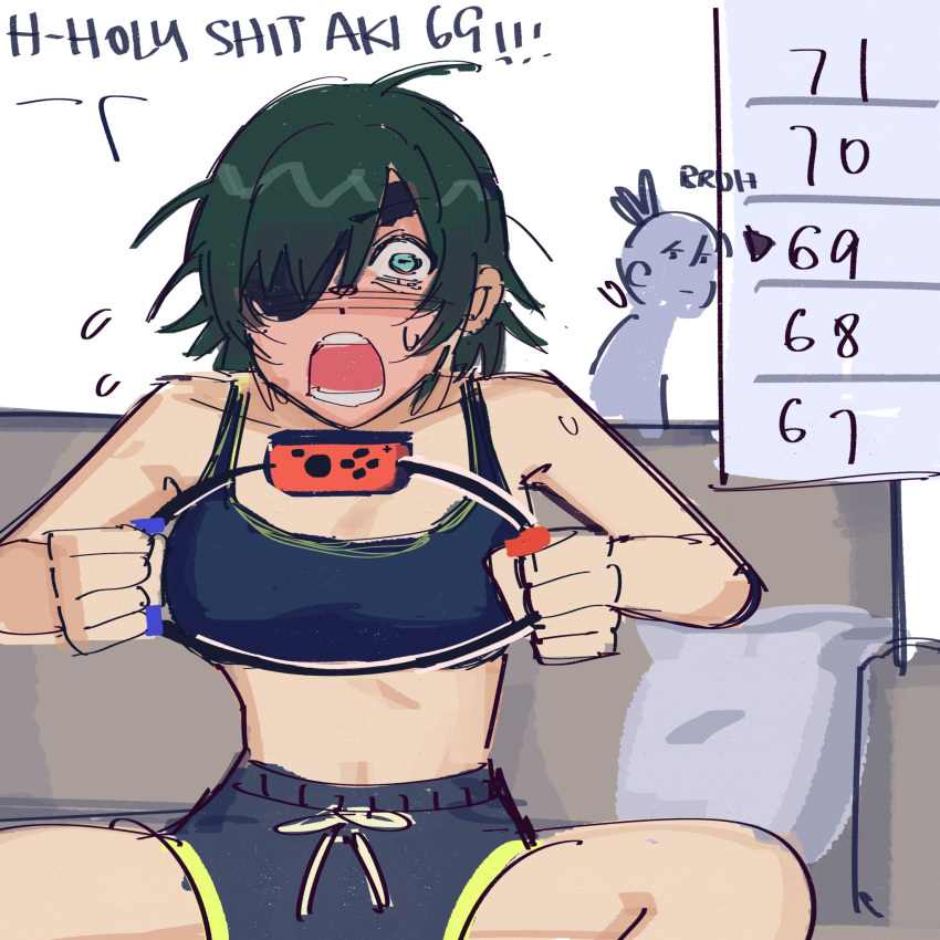 1boy 1girl bangs bare_shoulders black_hair breasts chainsaw_man couch eyepatch green_eyes hayakawa_aki highres himeno_(chainsaw_man) liowig looking_at_viewer meme nintendo_switch on_couch open_mouth pillow ring-con short_hair short_shorts shorts simple_background solo_focus sports_bra surprised sweat white_background