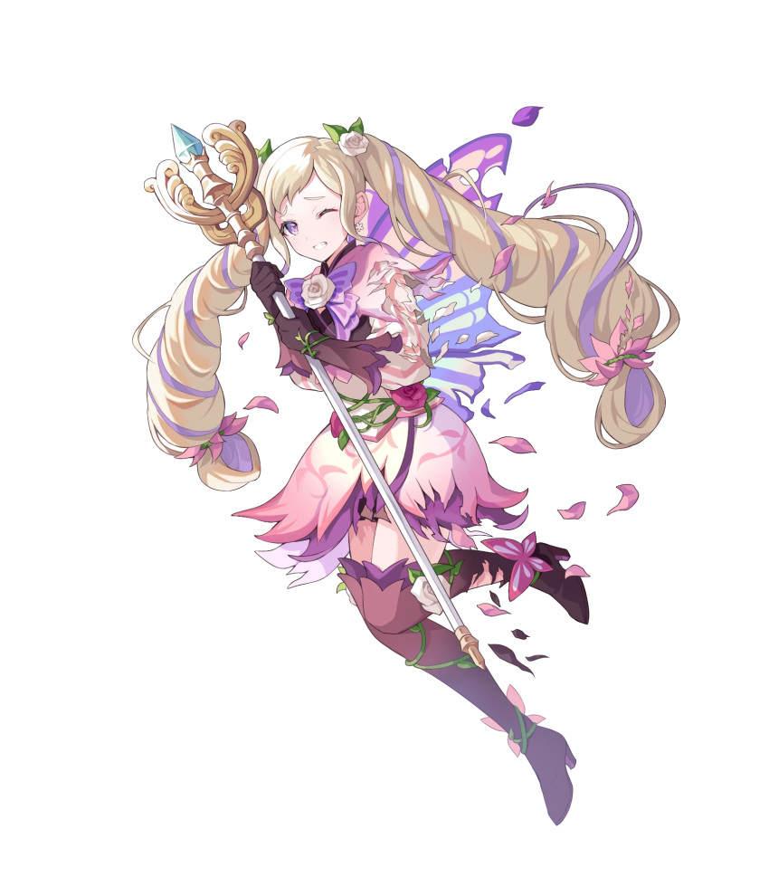 1girl alternate_costume bangs blonde_hair boots dress earrings elise_(fire_emblem) fairy_wings fire_emblem fire_emblem_fates fire_emblem_heroes flower full_body gloves gradient gradient_clothes hair_ornament highres jewelry layered_skirt long_hair long_sleeves multicolored_hair non-web_source official_art pleated_skirt purple_hair ringozaka_mariko shiny shiny_hair short_dress skirt striped thigh_boots twintails two-tone_hair vertical_stripes violet_eyes wings zettai_ryouiki
