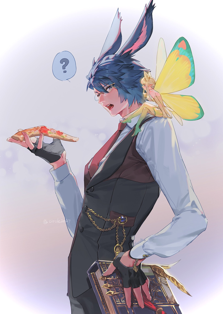 1boy ? animal_ears avatar_(ff14) bangs black_gloves black_pants black_vest blue_eyes blue_hair book buttons collared_shirt cowboy_shot eos_(ff14) fairy final_fantasy final_fantasy_xiv fingerless_gloves food from_side glasses gloves grimoire hair_between_eyes hand_on_hip hand_up highres holding holding_food holding_pizza long_sleeves looking_at_viewer male_focus necktie on_shoulder open_mouth pants pizza pizza_slice rabbit_ears red_necktie scholar_(final_fantasy) shirt short_hair signature solo speech_bubble spoken_question_mark standing suncle twitter_username vest viera white_shirt