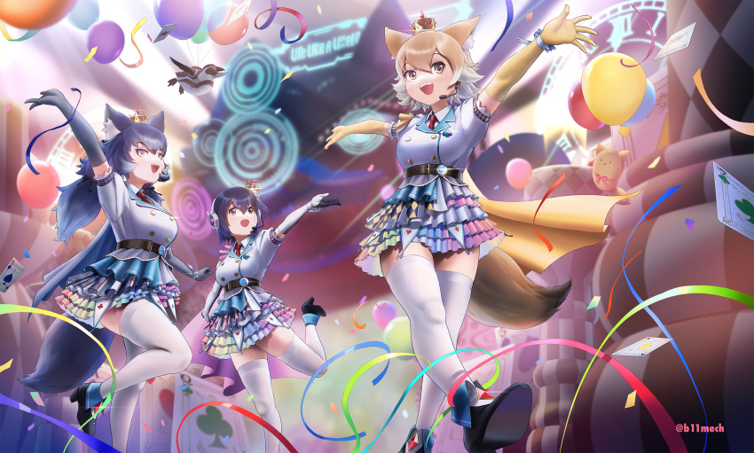 3girls animal animal_ears arm_up arms_up balloon beleven bird black_hair blue_hair brown_hair card collared_shirt colorful confetti coyote_(kemono_friends) crown dire_wolf_(kemono_friends) elbow_gloves empty_eyes frilled_skirt frills gloves grape-kun hair_between_eyes headset highres humboldt_penguin_(kemono_friends) jacket kemono_friends kemono_friends_v_project light_brown_hair long_hair medium_hair miniskirt multiple_girls necktie open_mouth outstretched_arm outstretched_arms outstretched_hand paid_reward_available parade penguin playing_card purple_hair shirt shoes short_sleeves skirt smile spread_arms spread_fingers standing standing_on_one_leg tail thigh-highs twitter_username virtual_youtuber walking white_hair white_thighhighs wing_collar wolf_ears wolf_girl wolf_tail yellow_eyes zettai_ryouiki